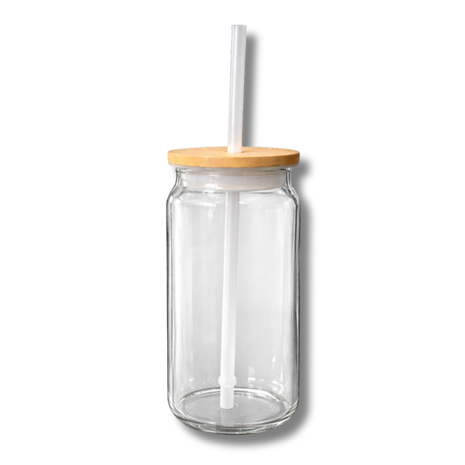 VASO DE VIDRIO CON TAPA DE BAMBÚ Y BOMBILLA