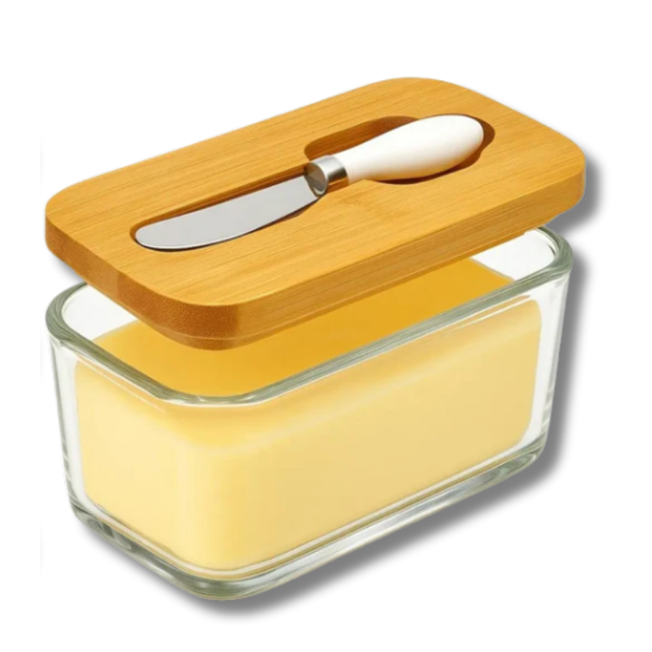 MANTEQUILLERO DE VIDRIO TEMPLADO CON TAPA DE BAMBÚ IRISH HOME