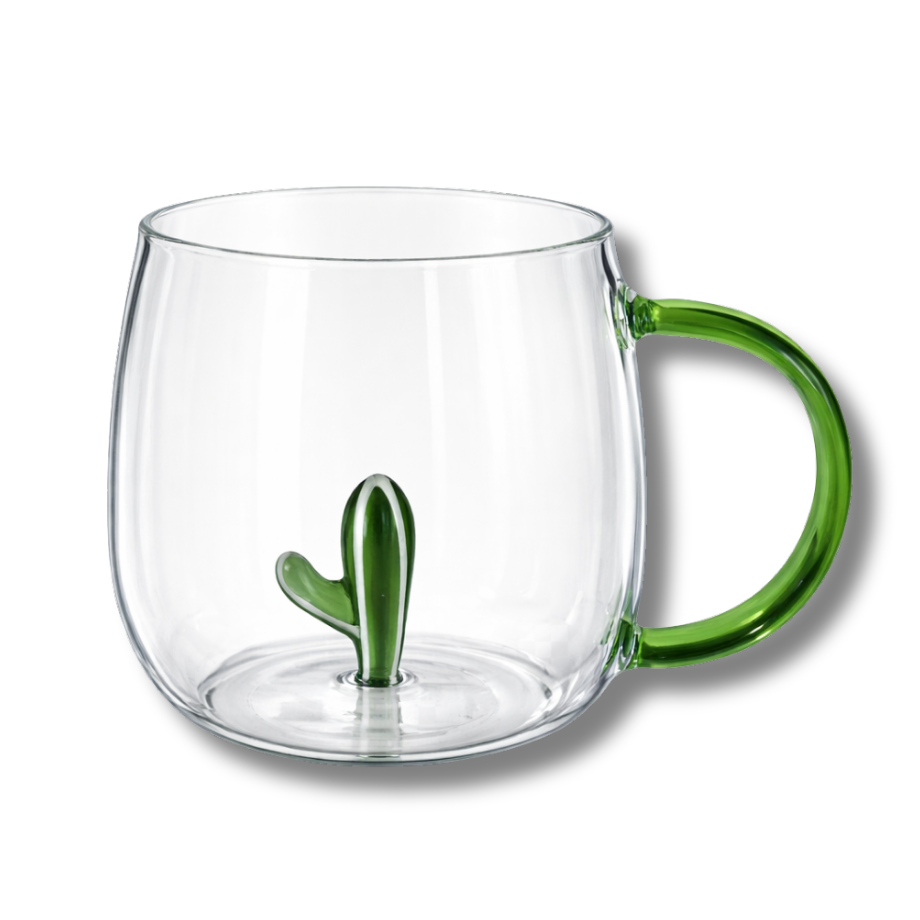 TAZA DE VIDRIO CON ADORNO 3D DE CACTUS GDECORPTD