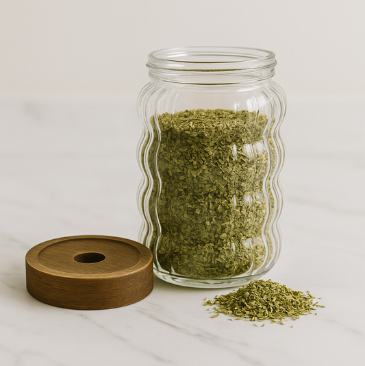 Frasco de vidrio con tapa de bambú