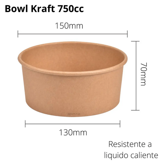 50un Bowls Kraft Con Tapa Plástica Envases 750cc Color Beige